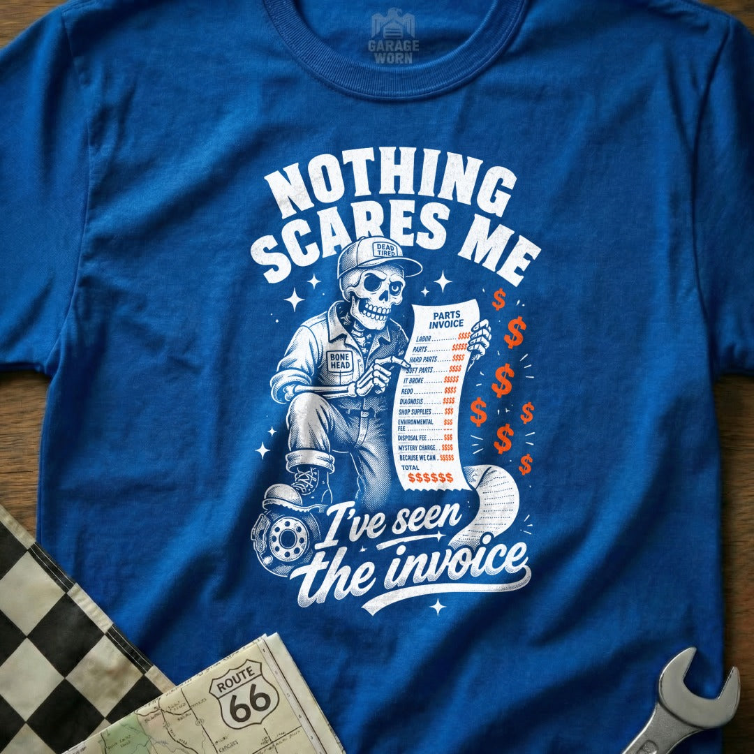 Skeleton mechanic reviews an invoice that says "Nothing scares me. I've seen the invoice."