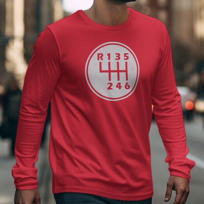 Red long sleeve shirt with white manual transmission shifter pattern on chest.