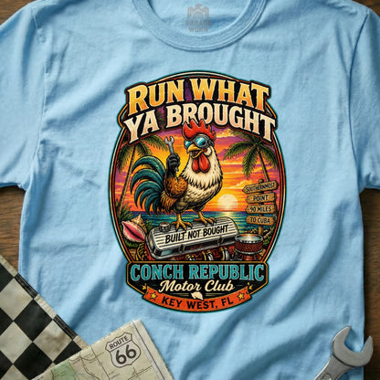 Rooster with wrench on engine, Conch Republic Key West FL t-shirt.