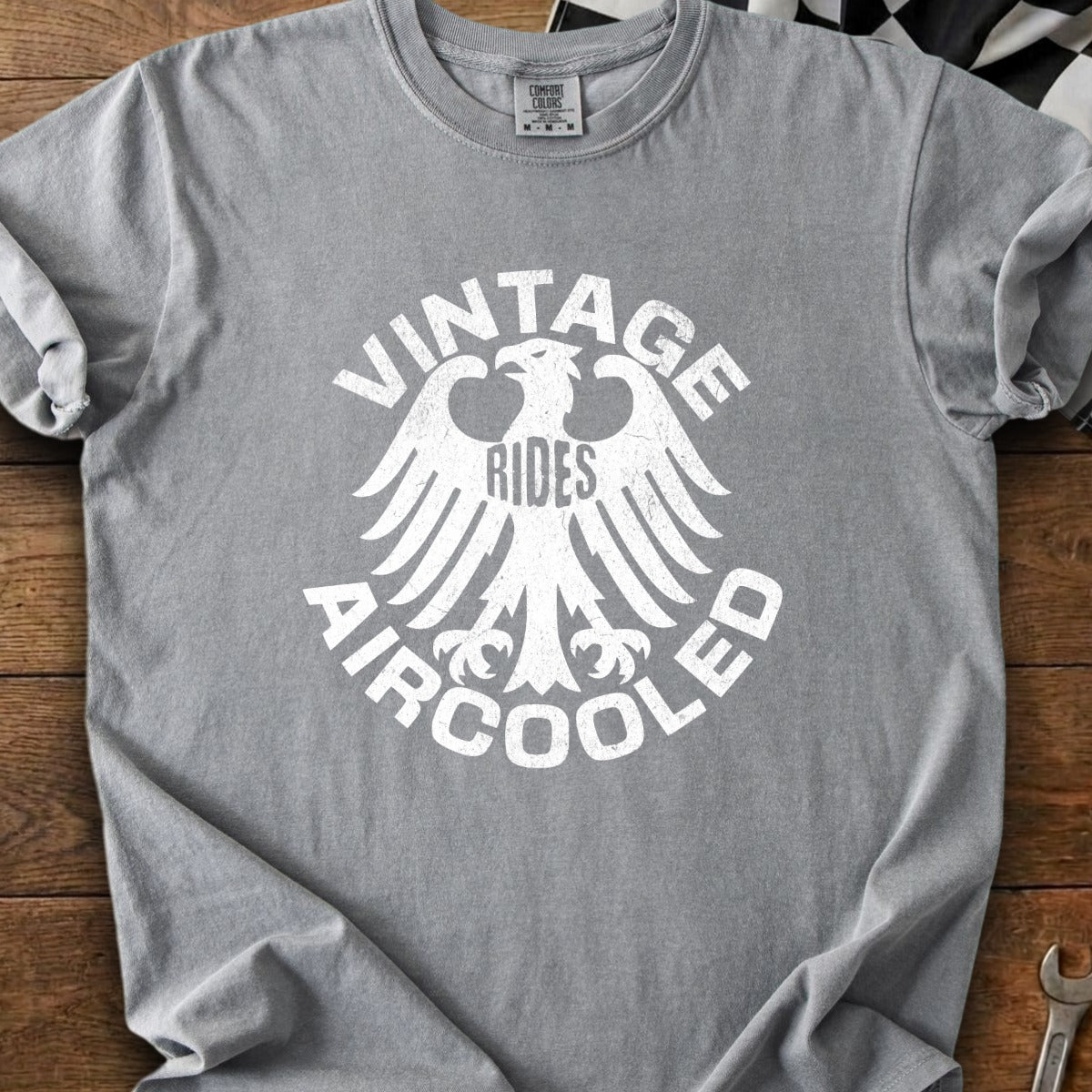 Gray t-shirt with white distressed eagle graphic and text "Vintage Rides Aircooled."
