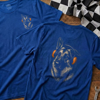 Blue t-shirts featuring a German Shepherd wearing headphones graphic.