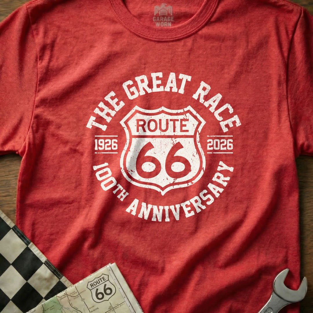 Red t-shirt with "The Great Race Route 66 100th Anniversary" logo.