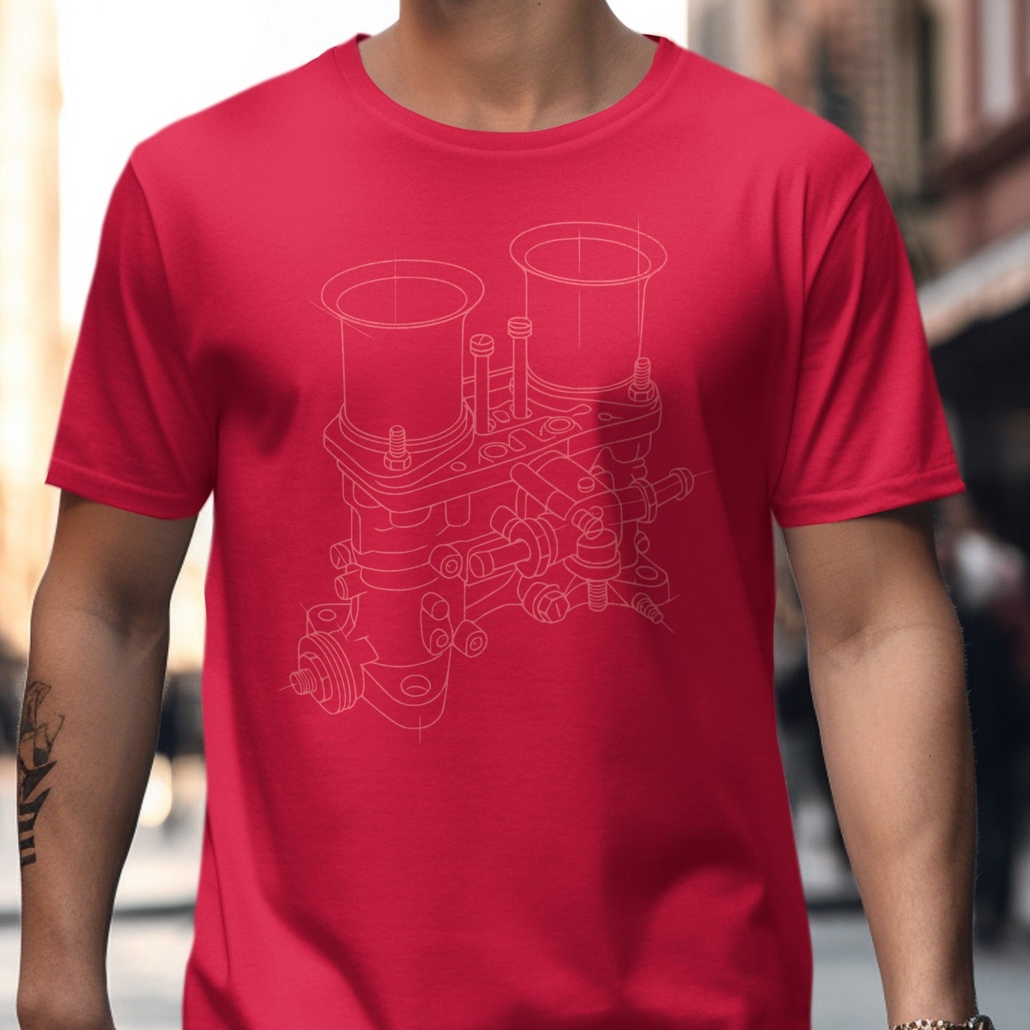 Detailed Engine Diagram Print on Red T-shirt product type