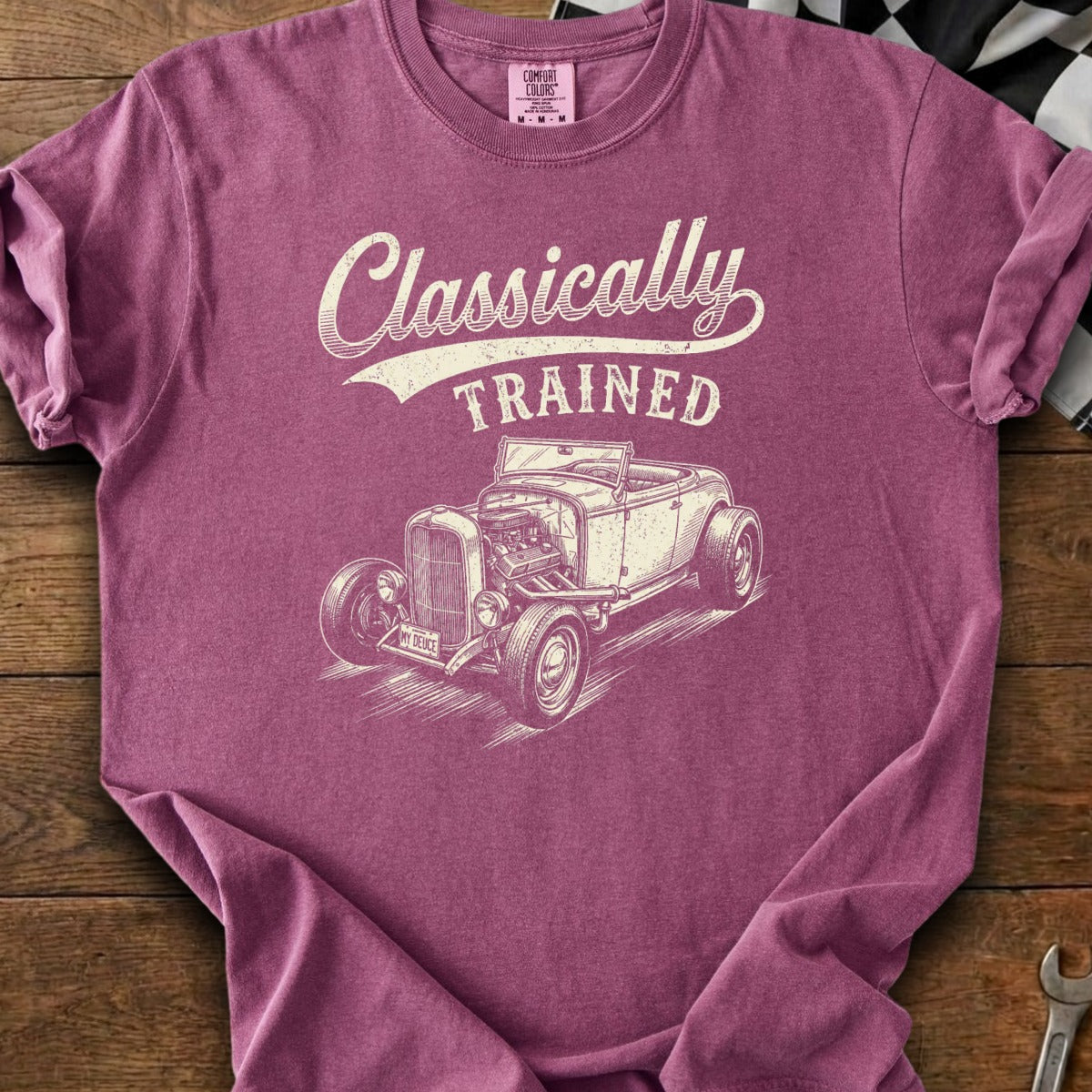 Maroon t-shirt with a vintage hot rod graphic and text "Classically TRAINED".