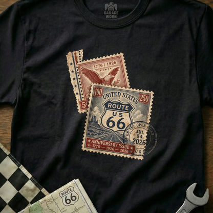 Black t-shirt with Route 66 anniversary postage stamp graphics.
