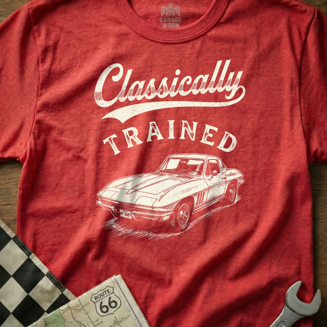 Red t-shirt with "Classically TRAINED" and a vintage car graphic.