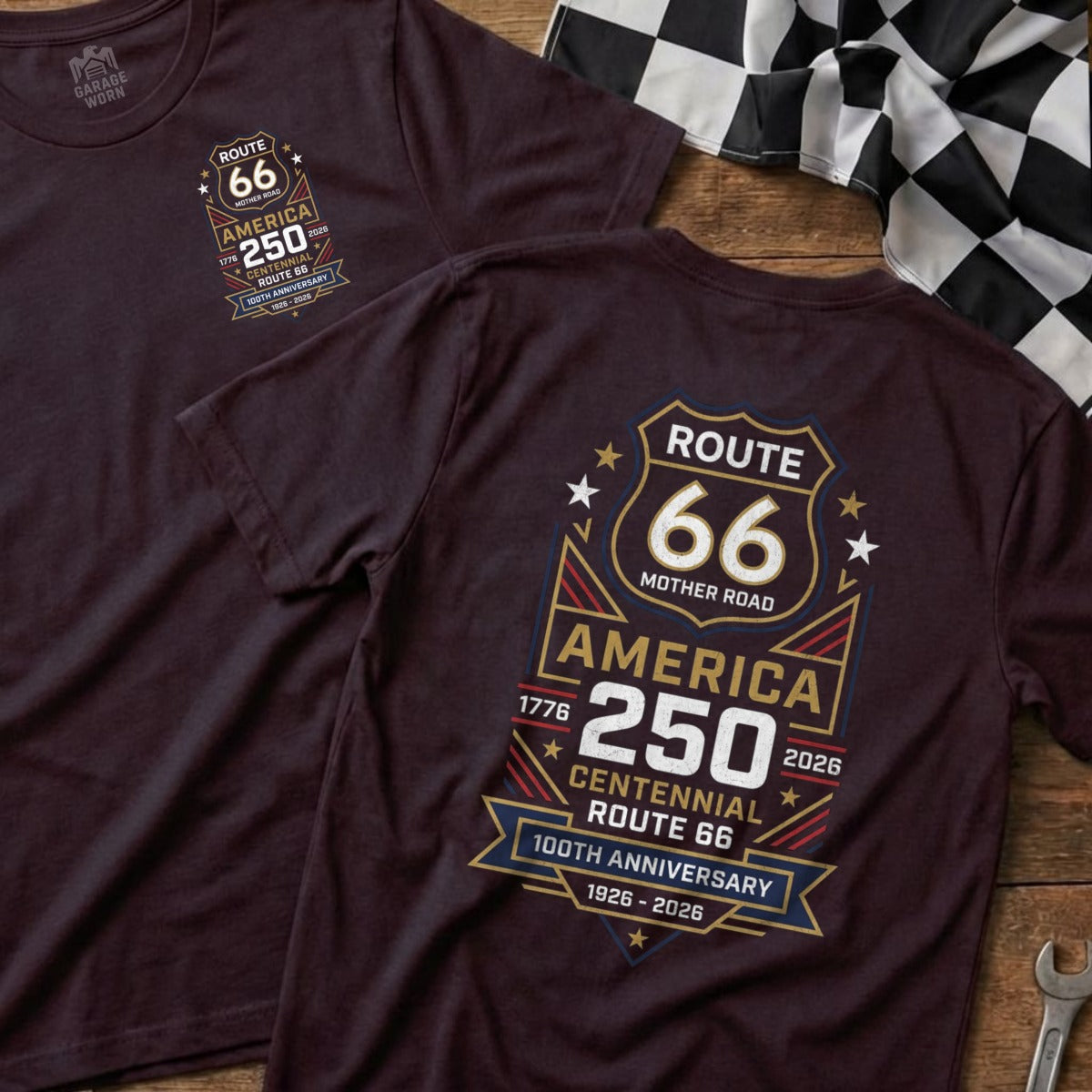 Route 66 Centennial Anniversary t-shirt with "Mother Road" and dates 1926-2026.