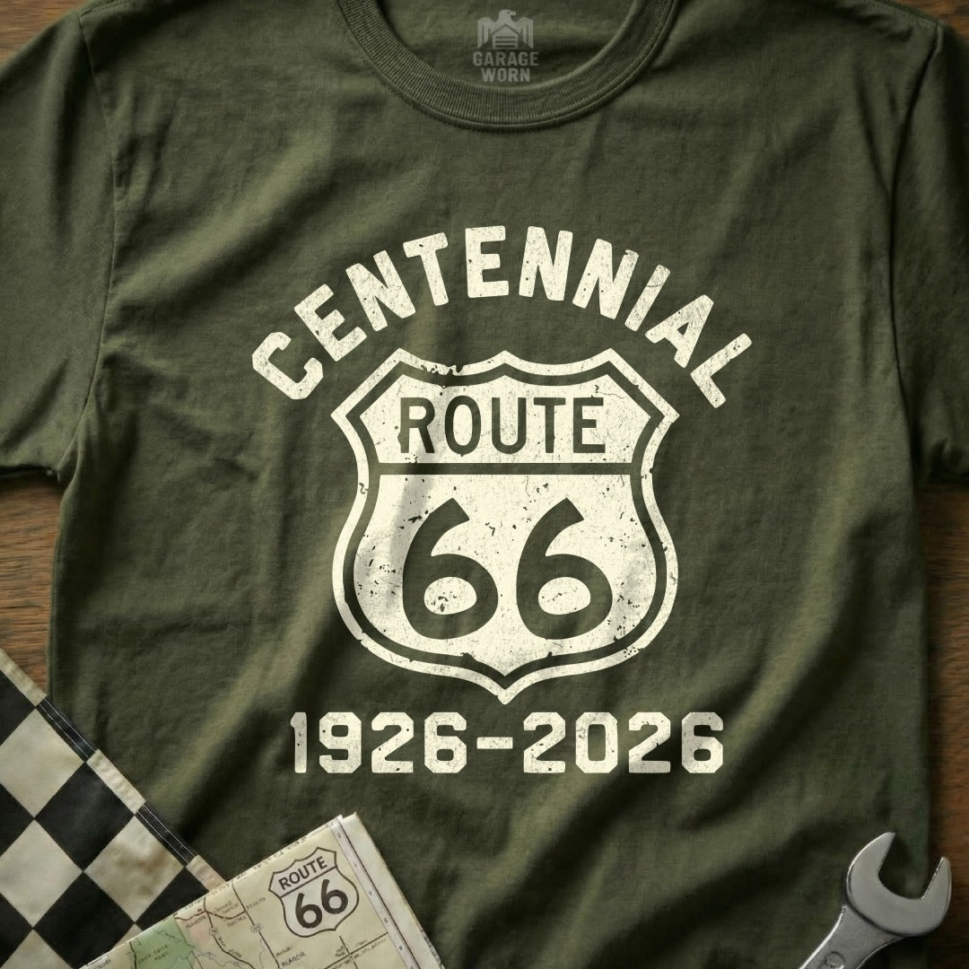 Centennial Route 66 1926-2026 on olive green t-shirt.