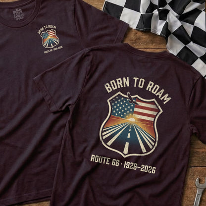 Burgundy t-shirt with "Born to Roam Route 66 1926-2026" and a distressed shield design.