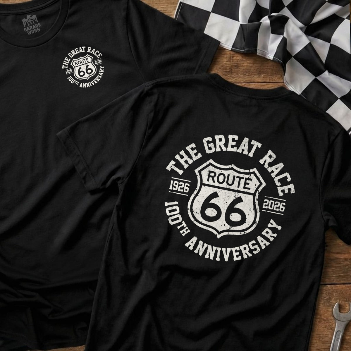Black t-shirt with Route 66 100th Anniversary logo.