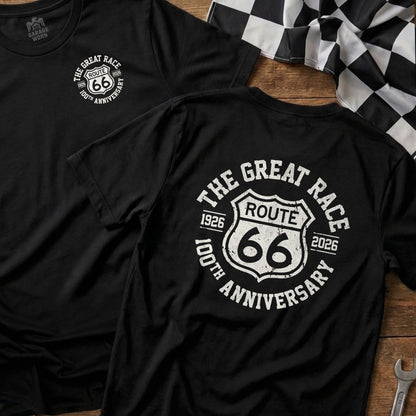 Black t-shirt with Route 66 100th Anniversary logo.