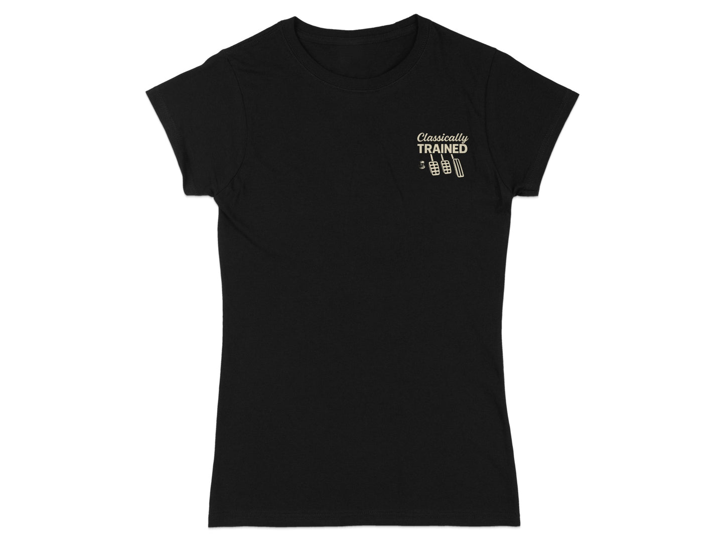 Black t-shirt with "Classically TRAINED" text and barbell graphic.