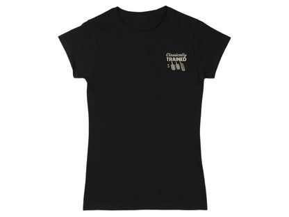Black t-shirt with "Classically TRAINED" text and barbell graphic.