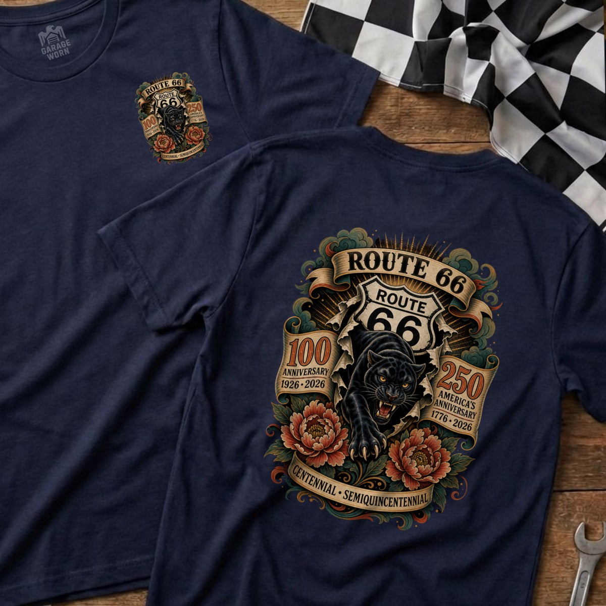 Dark navy t-shirts with Route 66 centennial and America's anniversary designs.