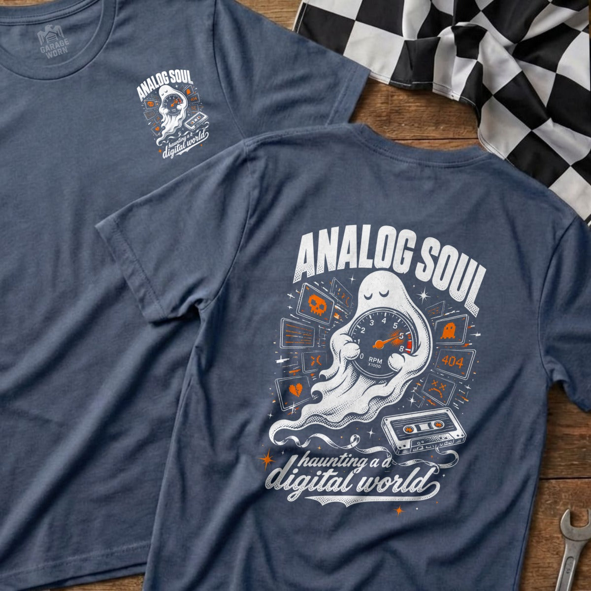 T-shirt with "Analog Soul" and ghost graphic, haunted by digital icons and cassette tape.