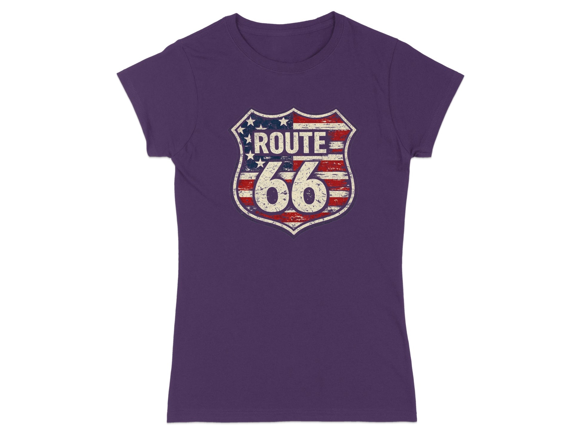 Purple t-shirt with a distressed Route 66 shield logo featuring an American flag design.