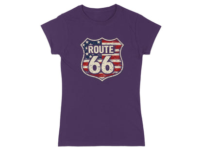 Purple t-shirt with a distressed Route 66 shield logo featuring an American flag design.