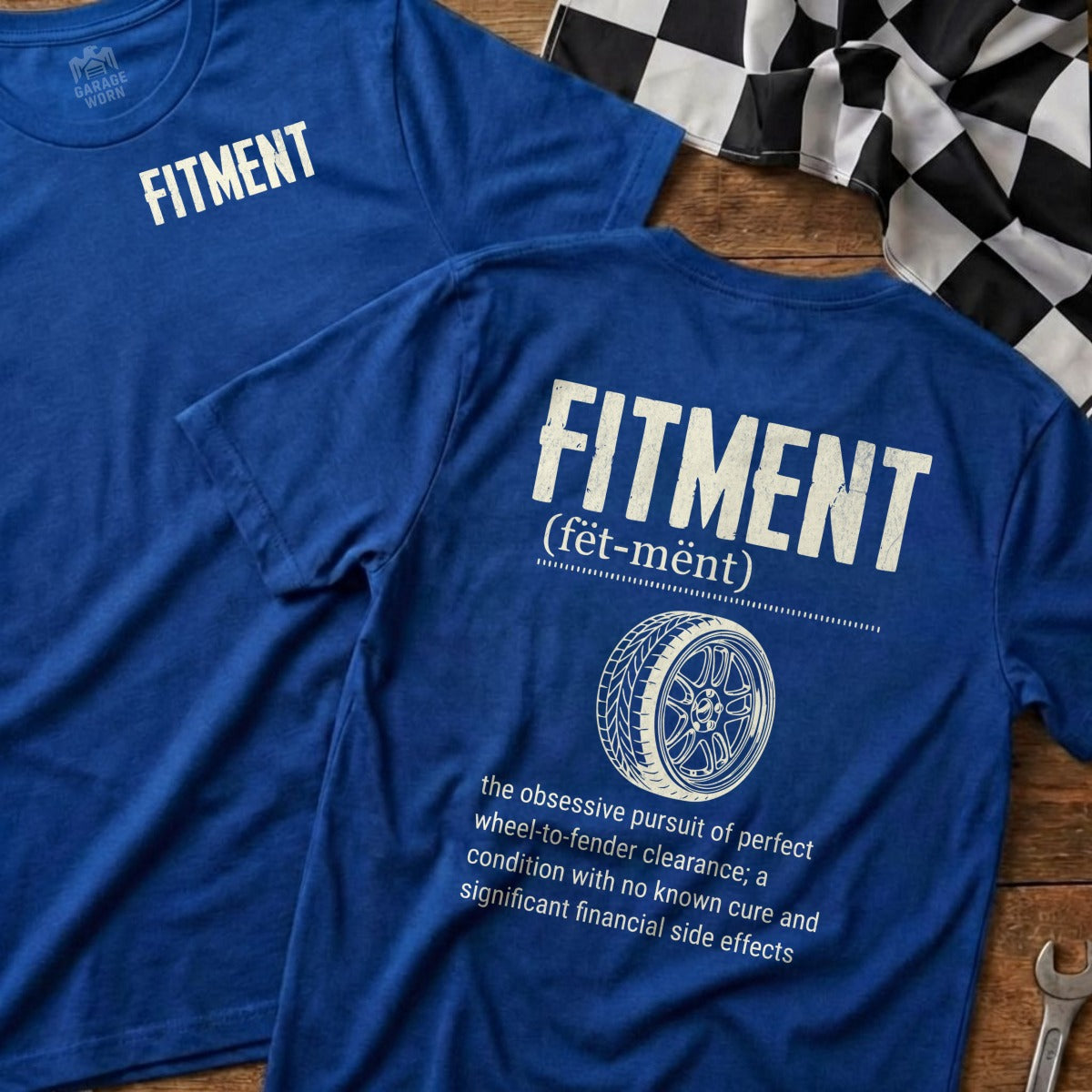 Two blue t-shirts with "FITMENT" text and definition.