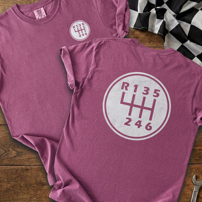 Maroon t-shirt with white gear shift graphic on back and front.