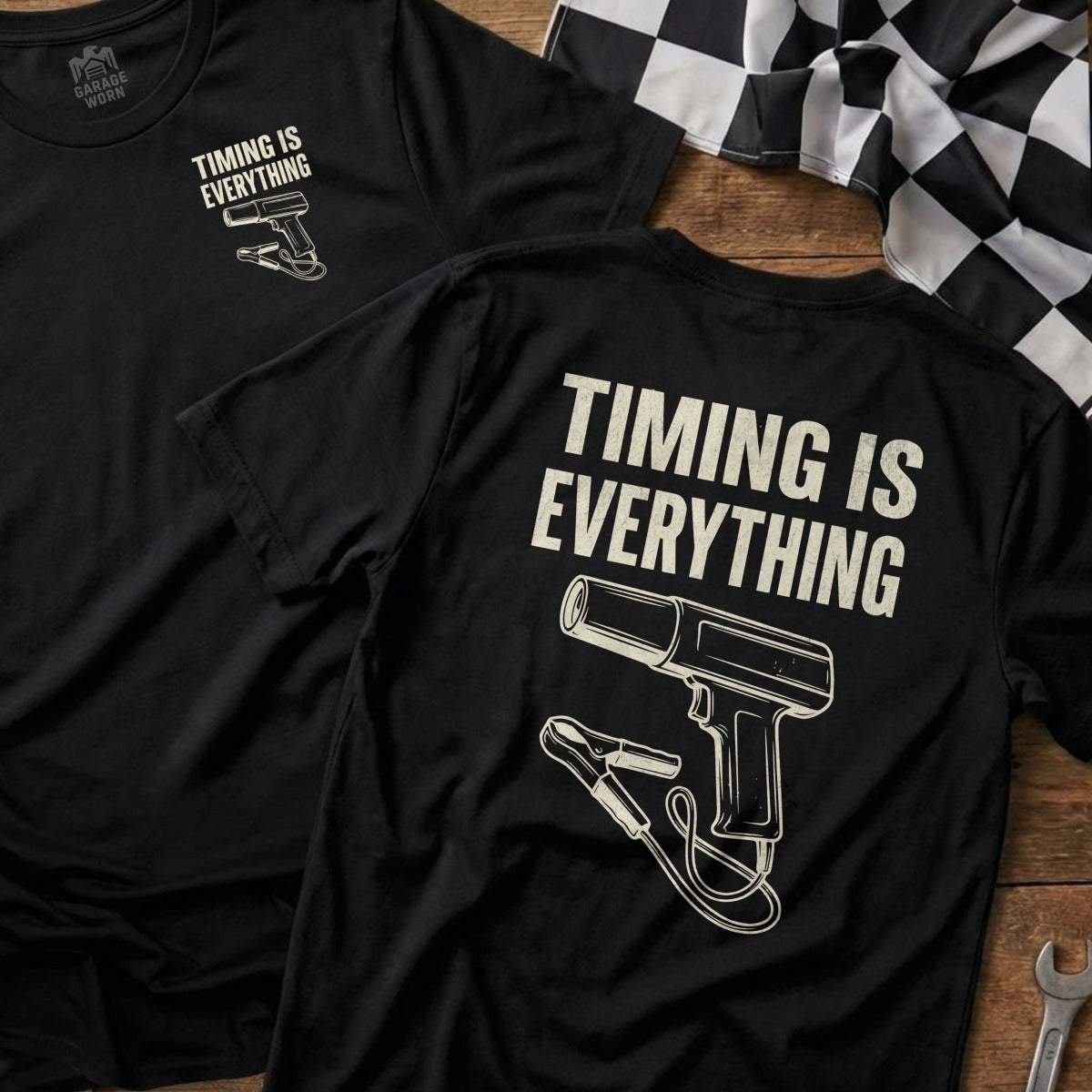 Black t-shirt with white text "Timing is Everything" and a diagram of a timing light.
