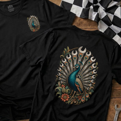 Black t-shirt with a peacock graphic featuring wrench feathers on the back and chest.