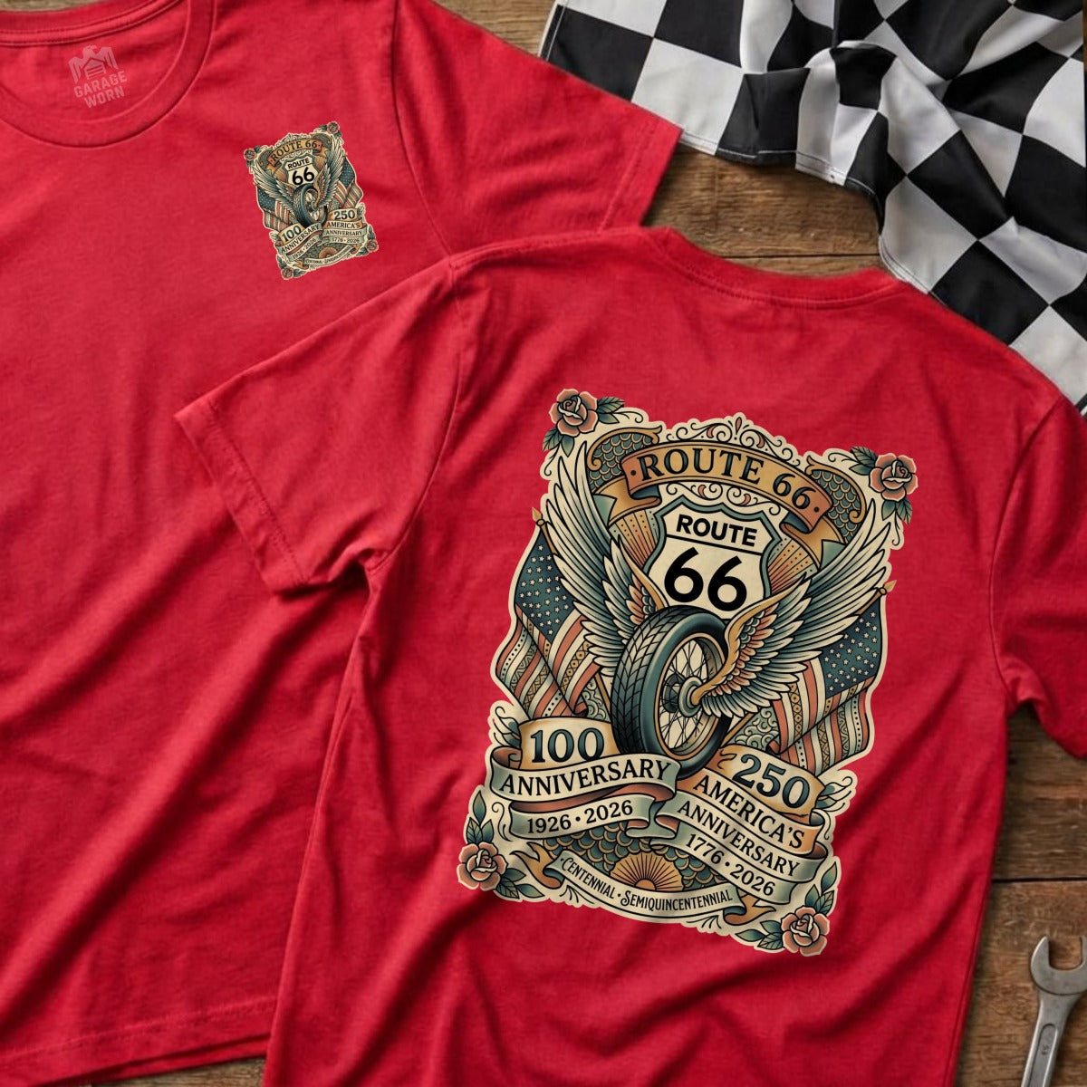 Red t-shirt with Route 66 winged tire and anniversary graphics.