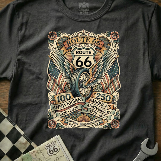 Route 66 100th and America's 250th anniversary graphic on a t-shirt.