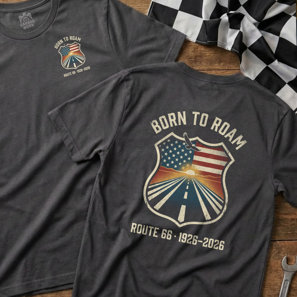 T-shirt with "Born to Roam" and Route 66 shield graphic.