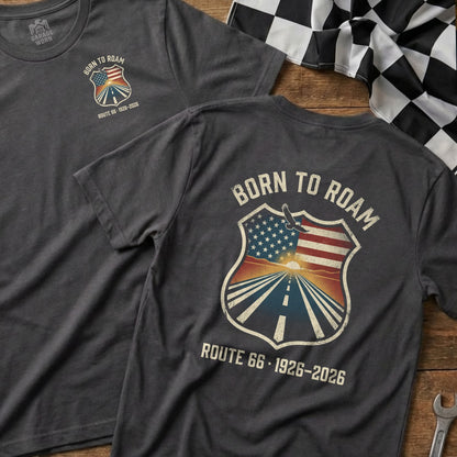 T-shirt with "Born to Roam" and Route 66 shield graphic.