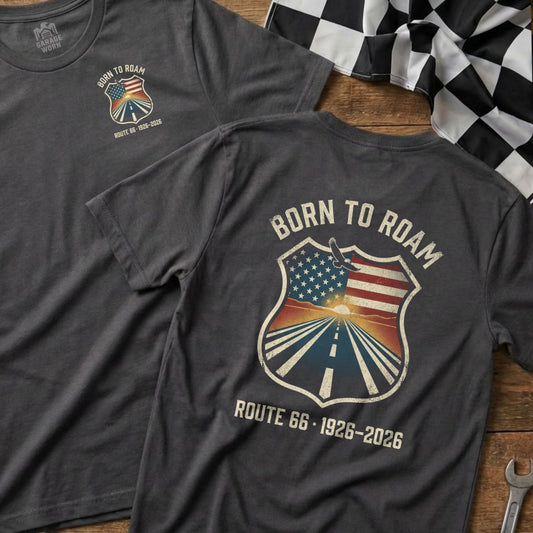 T-shirt with "Born to Roam" and Route 66 shield graphic.