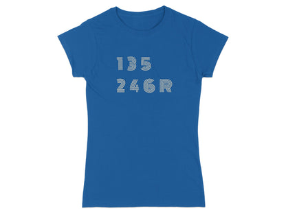 Blue t-shirt with white text "135 246R" in a simple font.