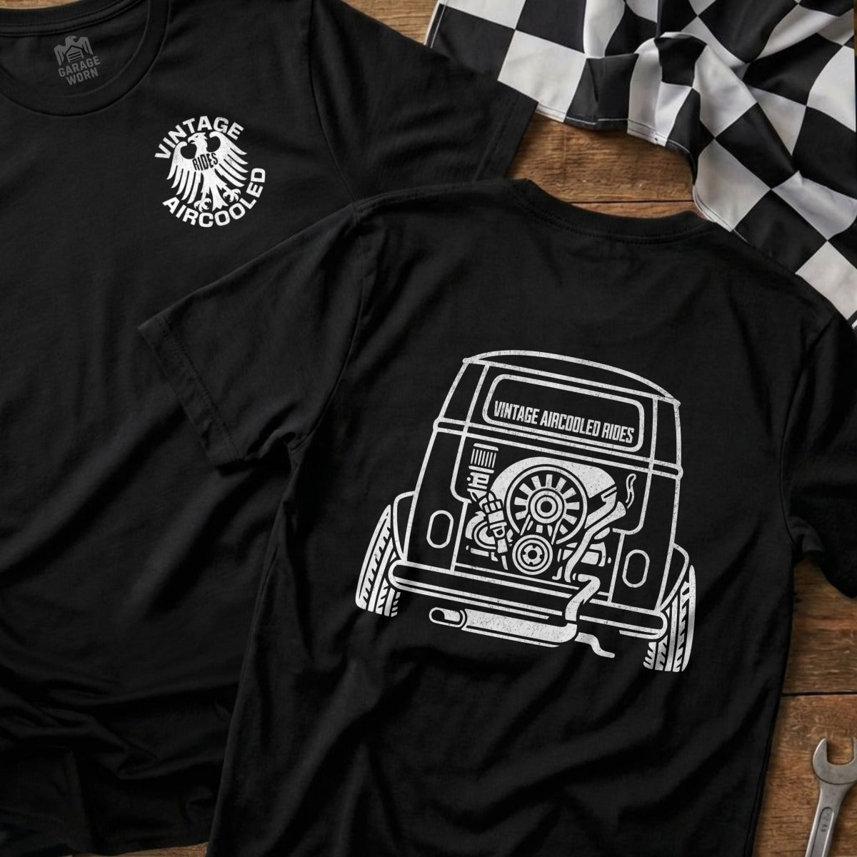Black t-shirt featuring a white graphic of the rear of a vintage Volkswagen bus.