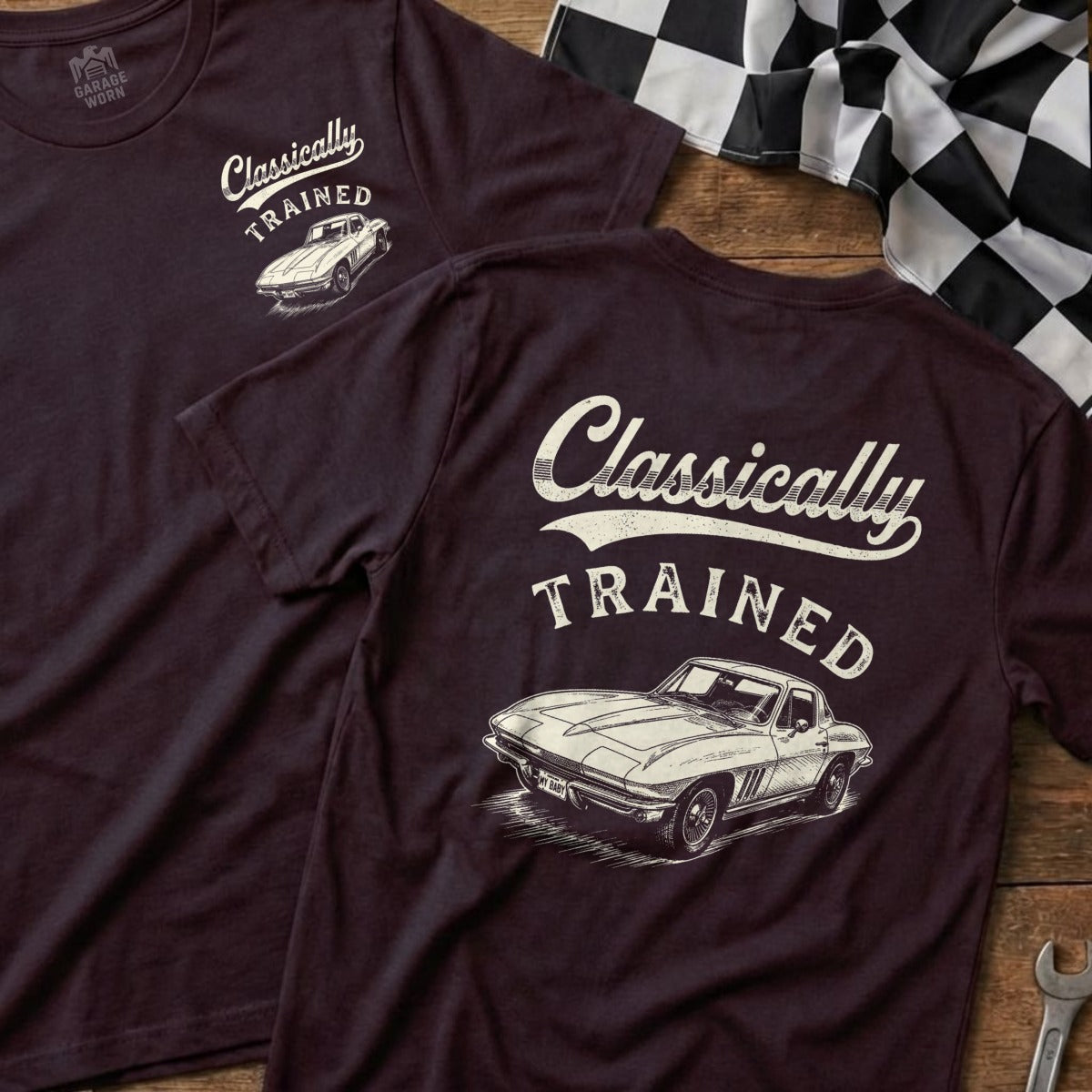 Maroon t-shirt with "Classically TRAINED" text and a drawing of a vintage car.