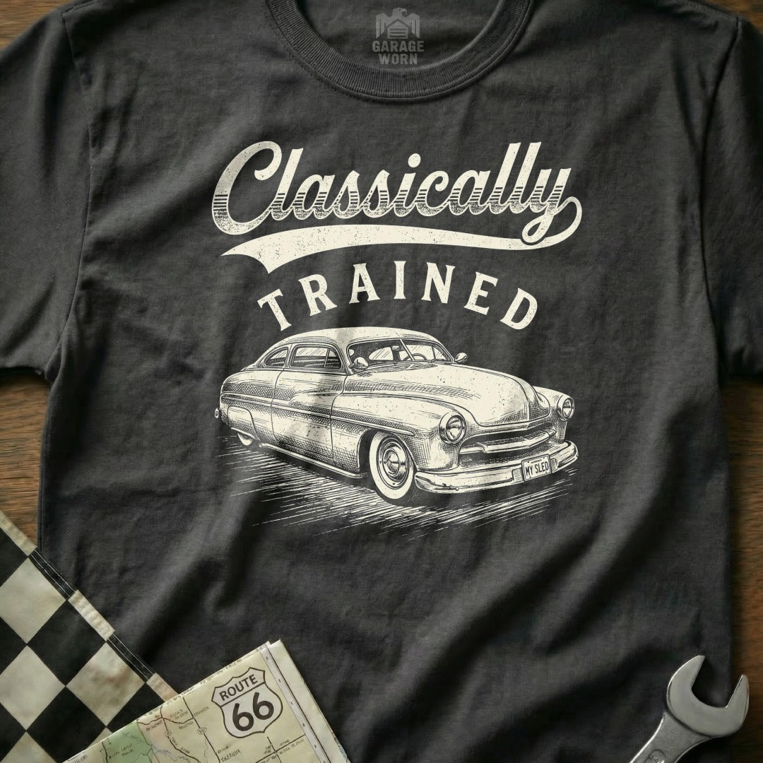T-shirt with "Classically Trained" text and vintage car illustration.