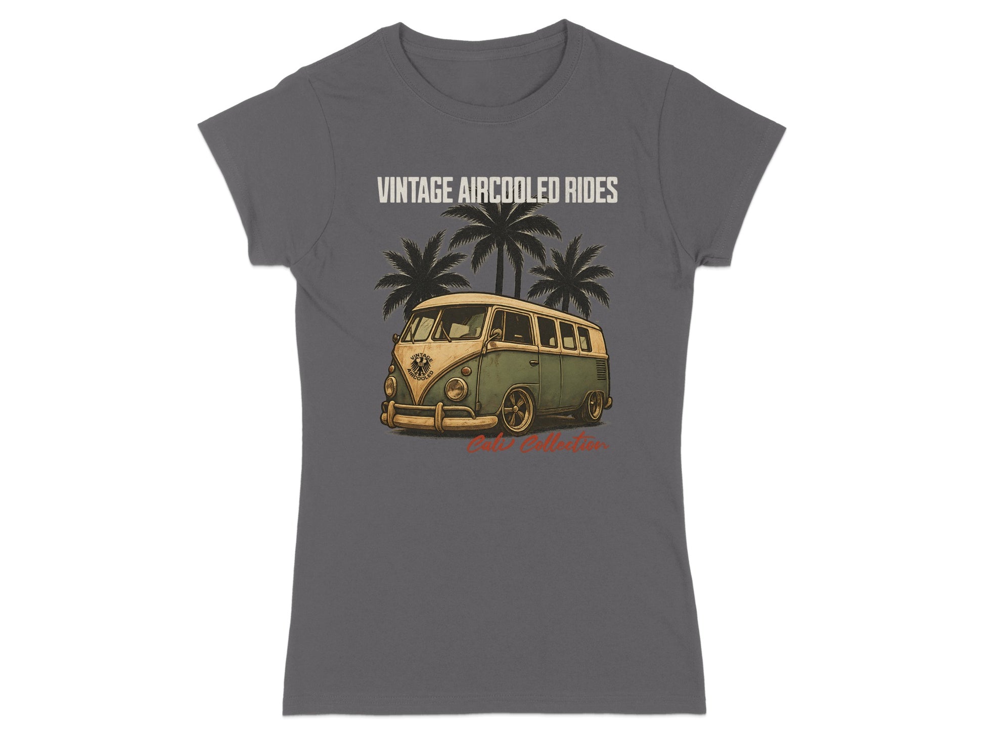 Vintage aircooled van with palm trees and text "Cali Collection".