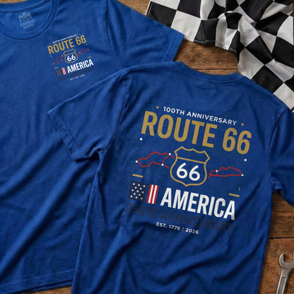 Blue Route 66 "America" 100th anniversary t-shirt with checkered flag.