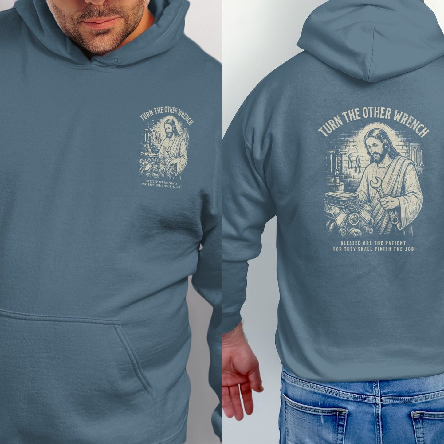 Blue hoodie featuring Jesus working on an engine with text "Turn the Other Wrench."