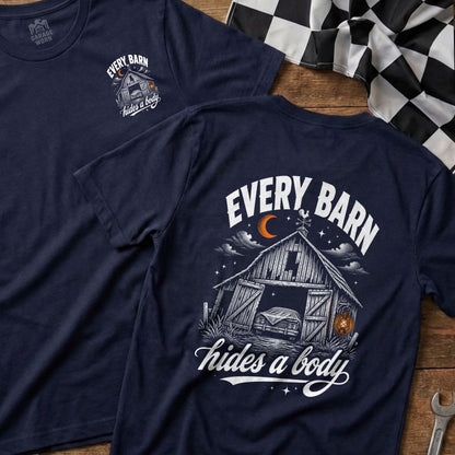 Navy t-shirt with "Every Barn Hides a Body" graphic featuring a barn and car.