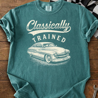 Teal t-shirt with "Classically Trained" text and vintage car graphic.