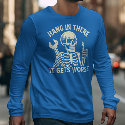 Blue long-sleeve shirt with skeleton graphic holding wrench and giving thumbs up.