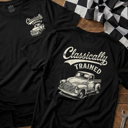 Black t-shirt with "Classically TRAINED" and vintage truck graphic.