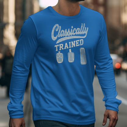 Blue long-sleeve shirt with "Classically TRAINED" and clutch, brake, and gas pedals.