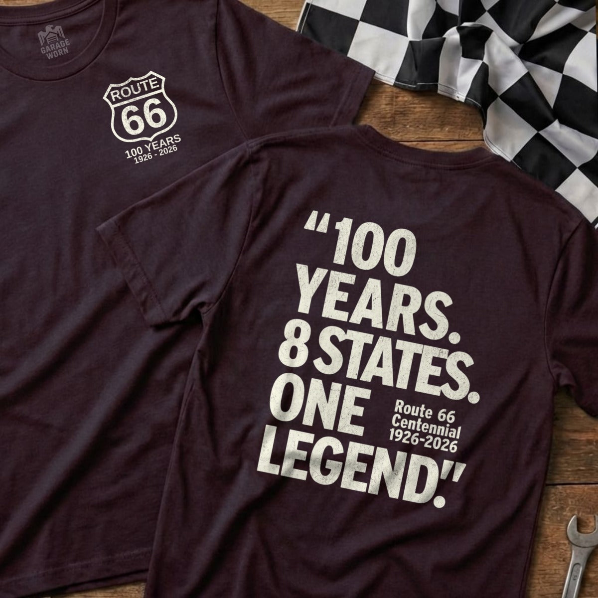 Burgundy t-shirt with Route 66 Centennial graphic on back and Garage Worn logo on front.