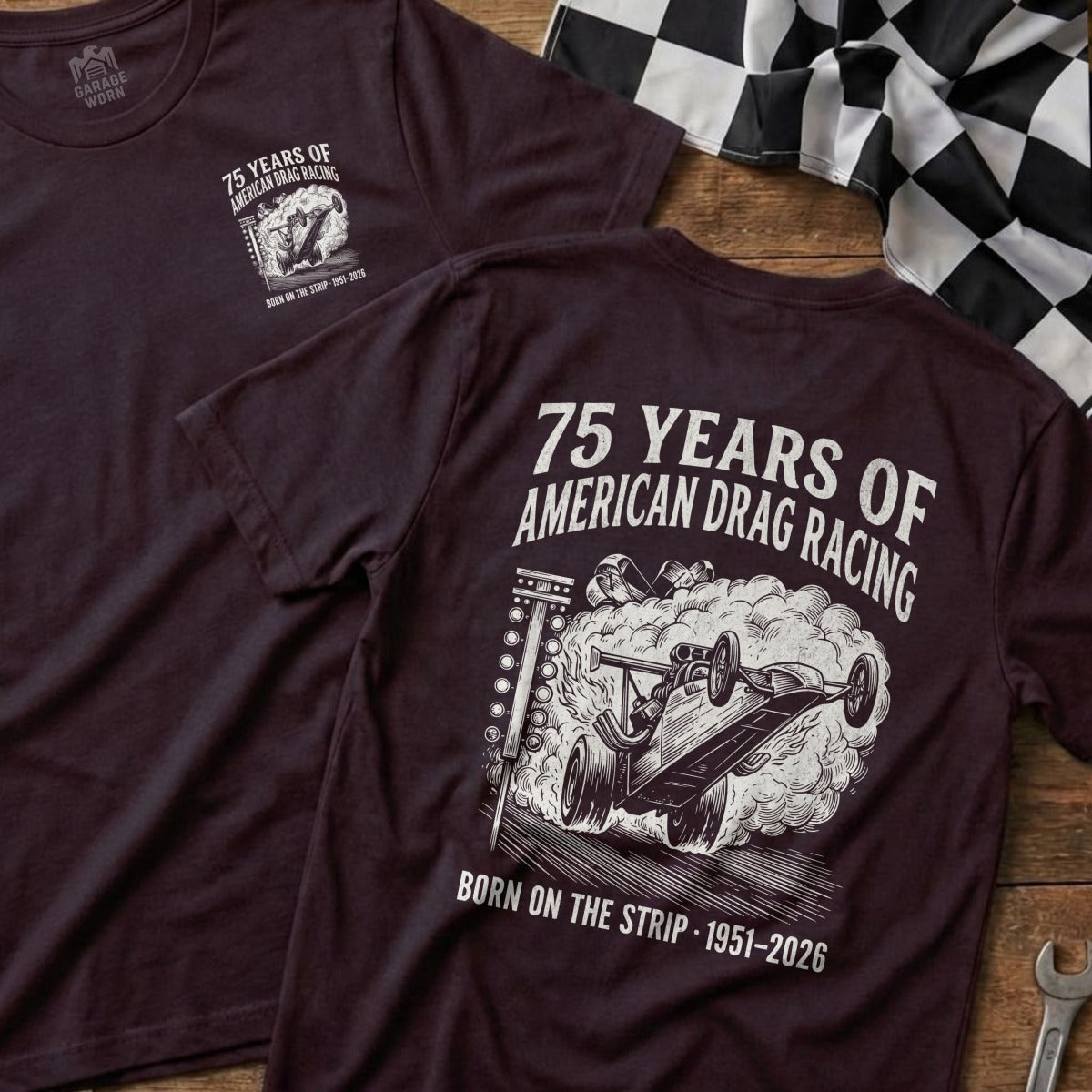 T-shirt with 75 Years of American Drag Racing graphic and dates.