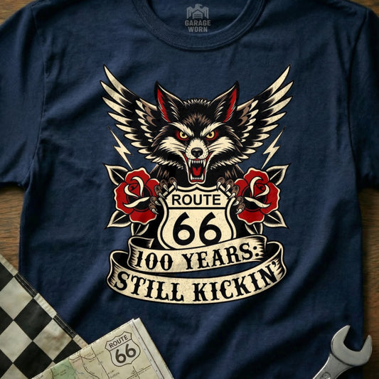 Wolf with wings, roses, and Route 66 text on a navy t-shirt.
