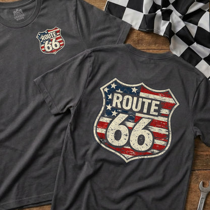 Dark t-shirt with distressed Route 66 shield logo and checkerboard flag.