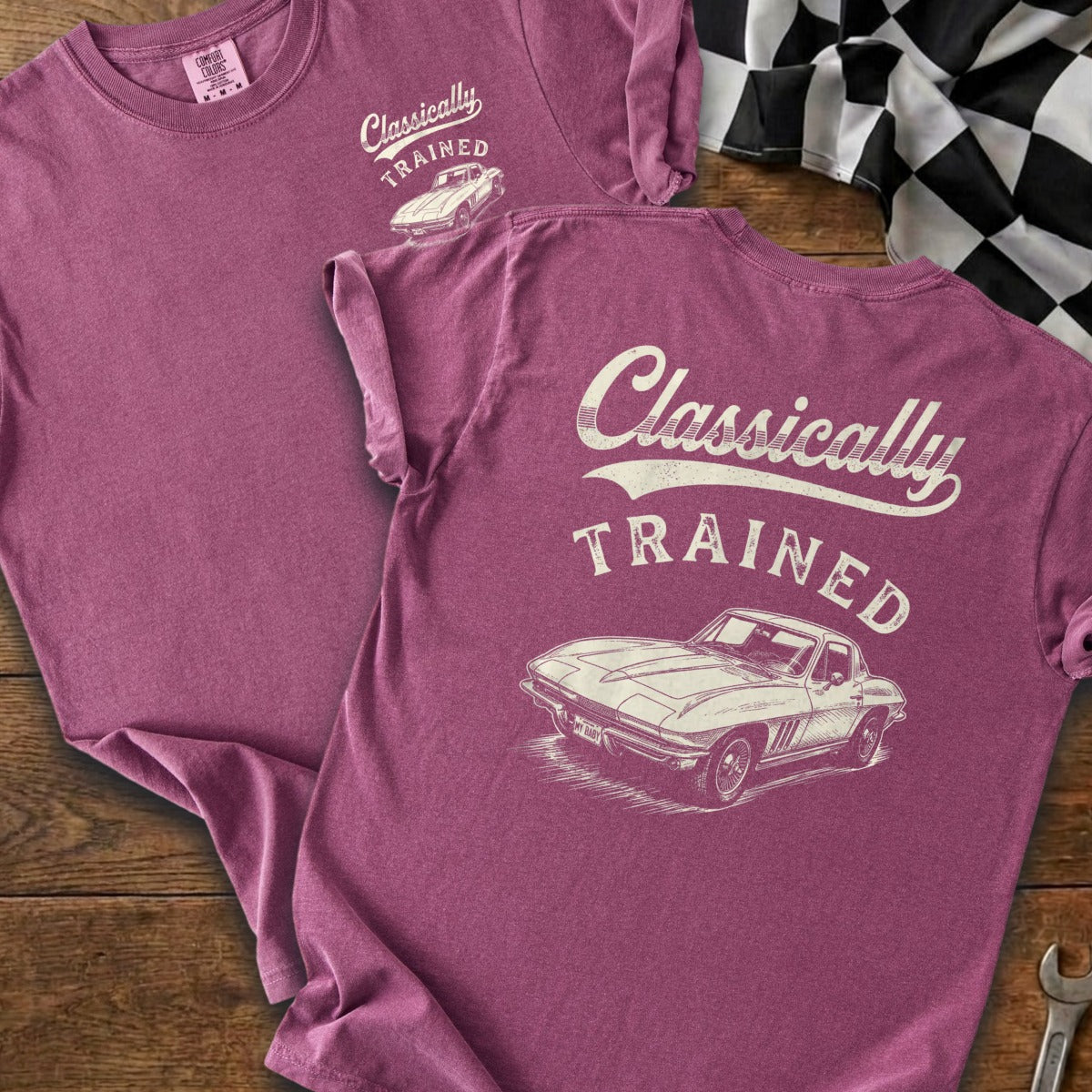 Purple t-shirt with "Classically TRAINED" and vintage Corvette graphic.