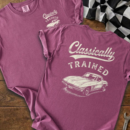 Purple t-shirt with "Classically TRAINED" and vintage Corvette graphic.