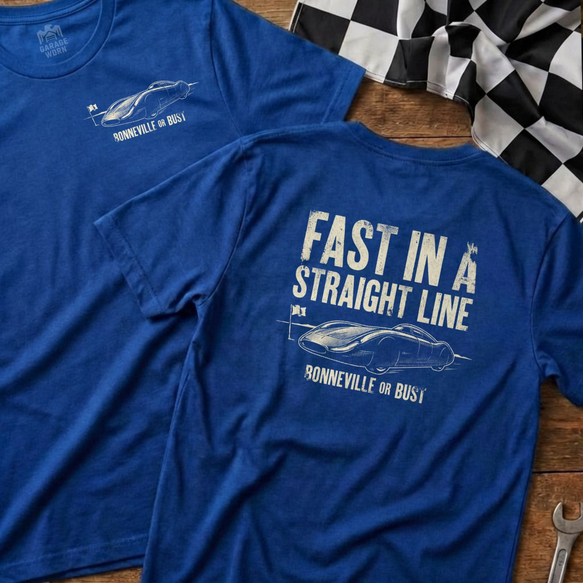 Blue t-shirt with "FAST IN A STRAIGHT LINE" and Bonneville salt flats car graphic.