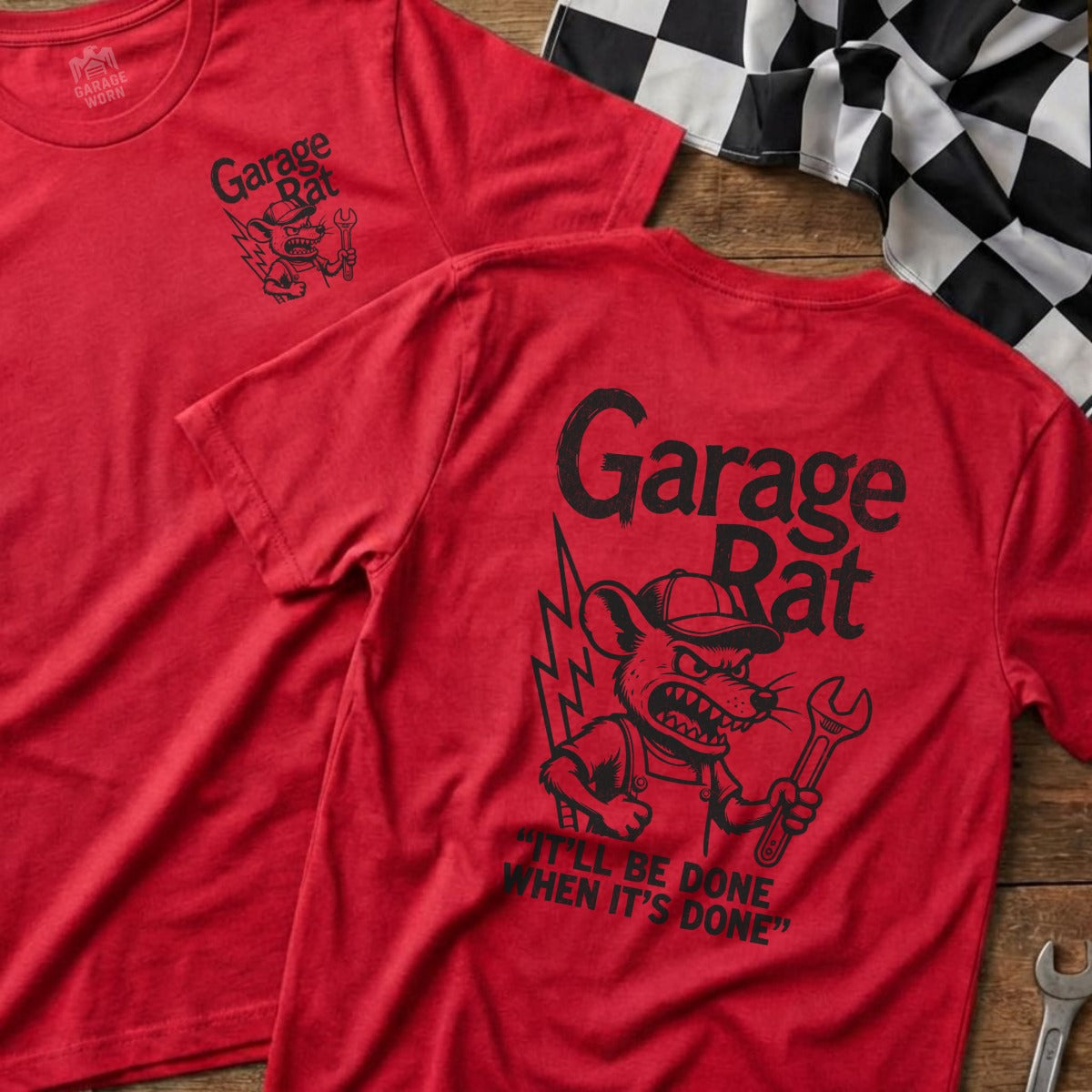 Red t-shirt with "Garage Rat" logo and wrench-wielding cartoon mouse.